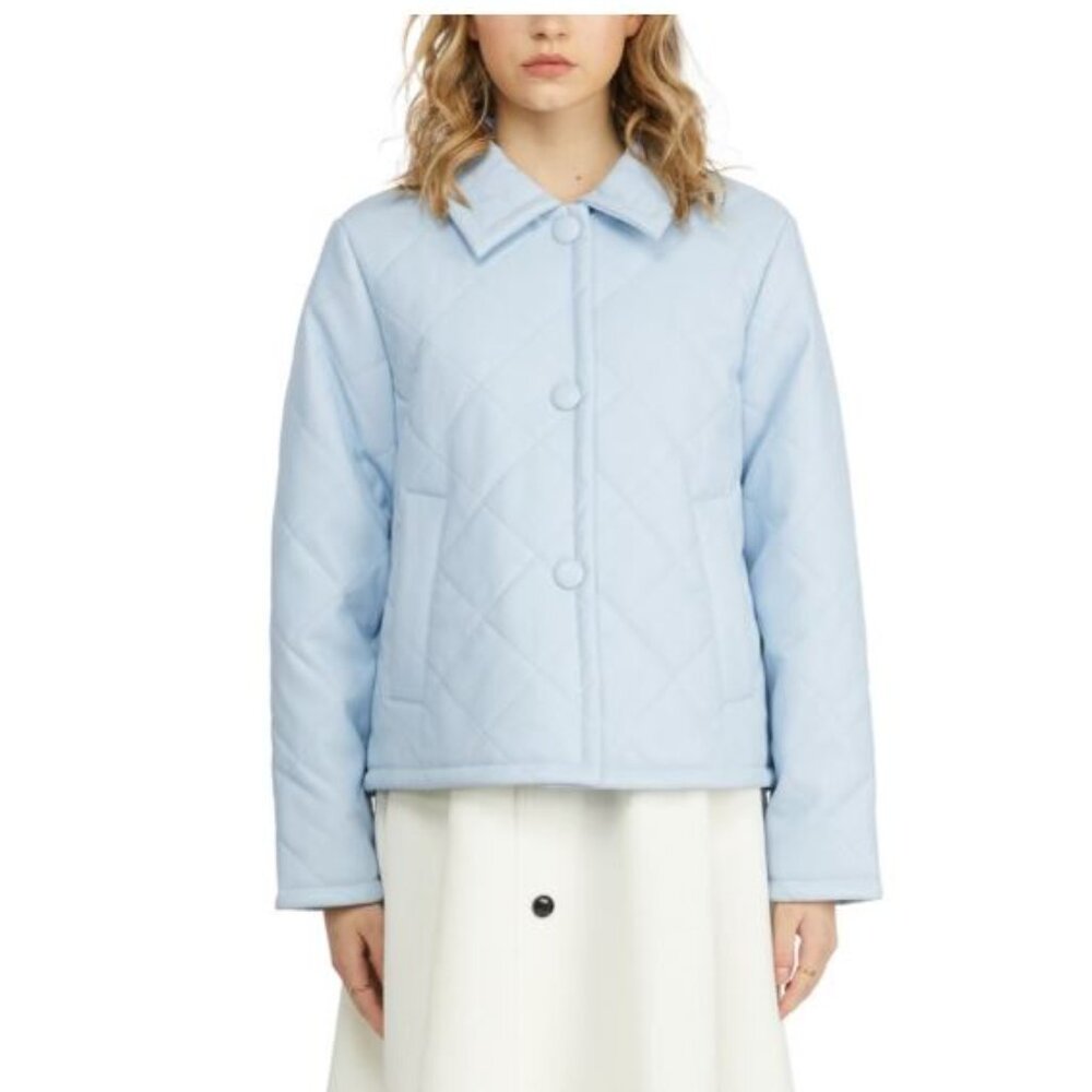 NVLT Quilted Vegan Leather Jacket Size Medium Baby Blue Coat Snap Closure